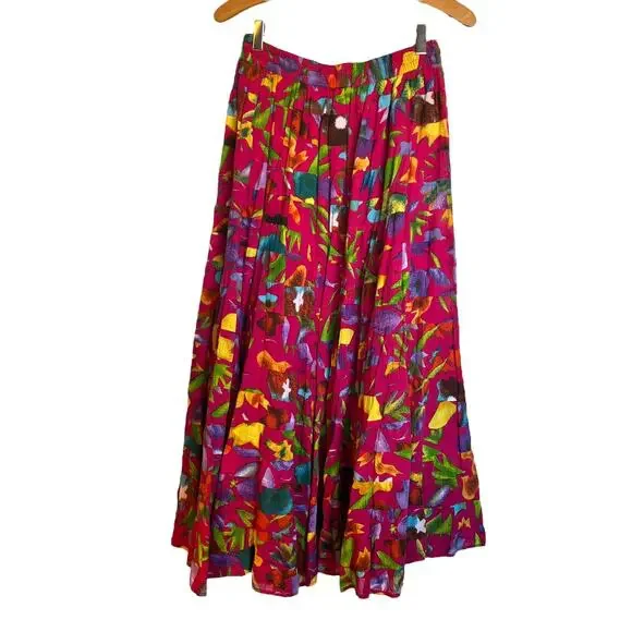 Silver Stream Vintage Tiered Floral Maxi Skirt Tropical Print Maximalist Pink OS - Picture 2 of 10